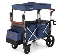 COSTWAY Push Pull Stroller Wagon for 2 Kids, Collapsible Trolley with Adjustable Handle Bar, Removable Canopy, 5-Point Harness and Drapes, Outdoor Camping Cargo Cart (Navy)