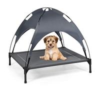 COSTWAY Raised Dog Bed, Elevated Pet Cot with Removable Canopy, Breathable Fabric & Steel Frame, Portable Cooling Dog Bed Tent for Camping Lawn Beach (90 x 81 x 82cm)