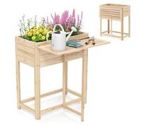 COSTWAY Raised Garden Bed with Foldable Side Table, Wooden Elevated Planter Box with Drainage Holes, Flower Herb Growing Box Container for Backyard Balcony, 63 x 34 x 74 cm