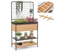 COSTWAY Raised Garden Bed with Trellis, Wooden Elevated Planter Box with Removable Grid Divider, 2-tier Storage Shelves, Black Liner & Drainage Holes, Plant Herb Vegetable Flower Pot Container