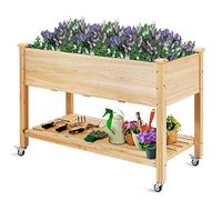 COSTWAY Raised Garden Bed, Wooden Elevated Planter Box with Lockable Wheels, Bottom Shelf, Black Liner & Drain Holes, Outdoor Vegetables Flowers Plant Growing Bed (120x59x84cm, 2 Tiers)