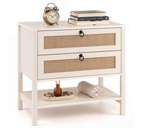 Costway Rattan Bedside Table with 2 Drawers 68cm Wide Boho Nightstand Oak Effect in White COSTWAY White