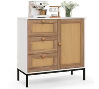 Costway Rattan Buffet Cabinet Storage Sideboard Bar Accent Cabinet 1 Door & 3 Drawers in White COSTWAY White