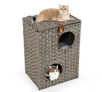 Costway Rattan Cat House For Indoor 2-Tier Cat Condo W/ Cushions-Grey