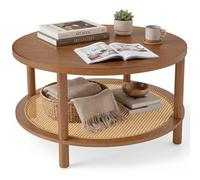 Costway Rattan Coffee Table 2-Tier Round Center Table with Wood Veneered Top in Brown COSTWAY Brown
