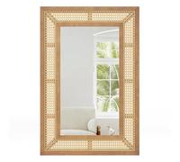 COSTWAY Rattan Decorative Wall Mirror, Large Wooden Frame Hanging Vanity Mirror, Rustic Boho Wall Mounted Mirror Accent Decoration for Living Room, Bedroom and Hallway, Natural (90x60cm, Rectangular)