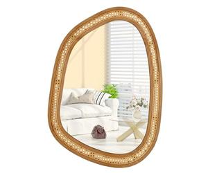 COSTWAY Rattan Decorative Wall Mirror, Large Wooden Frame Hanging Vanity Mirror, Rustic Boho Wall Mounted Mirror Accent Decoration for Living Room, Bedroom and Hallway, Natural (85x60cm, Irregular)