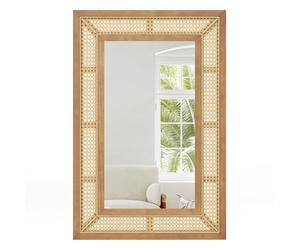 COSTWAY Rattan Decorative Wall Mirror, Large Wooden Frame Hanging Vanity Mirror, Rustic Boho Wall Mounted Mirror Accent Decoration for Living Room, Bedroom and Hallway, Natural (90x60cm, Rectangular)
