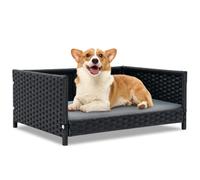 COSTWAY Rattan Dog Bed, Raised Wicker Pet Bed with Removable Cushion, Indoor Outdoor Elevated Pet Sofa Couch for Small Medium Dogs Cats