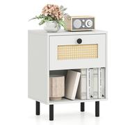 Costway Rattan Nightstand Boho Style Bedside Table with Drawer & Open Storage Shelf in White COSTWAY White