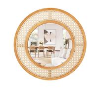 COSTWAY Rattan Round Wall Mirror, 65cm Large Hanging Decorative Mirror, Rustic Wooden Frame Wall Mounted Mirror Accent Vanity Mirrors Decoration for Bathroom, Living Room, Bedroom and Hallway, Natural