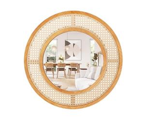 COSTWAY Rattan Round Wall Mirror, 65cm Large Hanging Decorative Mirror, Rustic Wooden Frame Wall Mounted Mirror Accent Vanity Mirrors Decoration for Bathroom, Living Room, Bedroom and Hallway, Natural