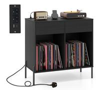 Costway Record Player Stand Double Wide Turntable Stand w/ Power Outlets-Black in Black COSTWAY Black