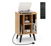 Costway Record Player Stand Vinyl Record Storage Side Table W/ Power Outlet, Natural