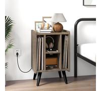 Costway Record Player Stand Vinyl Record Storage Side Table W/ Power Outlet, Oak