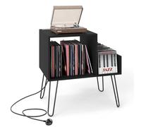 COSTWAY Record Player Stand with Charging Station, Turntable Stand End Side Table with Dividers and Shelf for 145 Albums, Metal Legs Vinyl Record Storage Cabinet Holder for Living Room (Black)