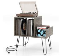 COSTWAY Record Player Stand with Charging Station, Turntable Stand End Side Table with Dividers and Shelf for 145 Albums, Metal Legs Vinyl Record Storage Cabinet Holder for Living Room (Grey Oak)