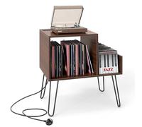 COSTWAY Record Player Stand with Charging Station, Turntable Stand End Side Table with Dividers and Shelf for 145 Albums, Metal Legs Vinyl Record Storage Cabinet Holder for Living Room (Walnut)