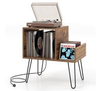 COSTWAY Record Player Stand with Charging Station, Turntable Stand End Side Table with Dividers and Shelf for 145 Albums, Metal Legs Vinyl Record Storage Cabinet Holder for Living Room (Rustic Brown)