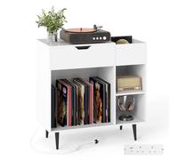 Costway Record Player Stand Wooden Turntable End Table w/ Built-In Power Strip in White COSTWAY White