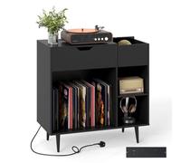 Costway Record Player Stand Wooden Turntable End Table With Built-In Power Strip-Black