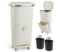 COSTWAY Recycling Bins, 38L/42L/43L Dry and Wet Separation Trash Can with 3 Compartments, Wheels, Stickers & Handle, Vertical Waste Separation System Pedal Garbage Can (Beige, 38L, 1 Lid)