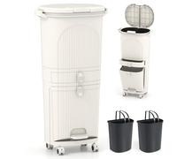 COSTWAY Recycling Bins, 38L/42L/43L Dry and Wet Separation Trash Can with 3 Compartments, Wheels, Stickers & Handle, Vertical Waste Separation System Pedal Garbage Can (Beige, 42L, 2 Lids, 1 Drawer)