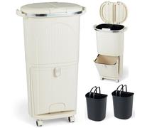 COSTWAY Recycling Bins, 38L/42L/43L Dry and Wet Separation Trash Can with 3 Compartments, Wheels, Stickers & Handle, Vertical Waste Separation System Pedal Garbage Can (Beige, 38L, 2 Lids)