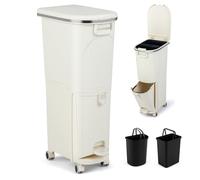 COSTWAY Recycling Bins, 38L/42L/43L Dry and Wet Separation Trash Can with 3 Compartments, Wheels, Stickers & Handle, Vertical Waste Separation System Pedal Garbage Can (Beige, 43L, 1 Lid)