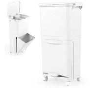 COSTWAY Recycling Bins, 40L Pedal Kitchen Bin with 3 Compartments, Lockable Wheels, Classification Stickers & Handle, Waste Separation System Rubbish Trash Garbage Can