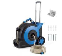 COSTWAY Retractable Hose Reel 30+2M, 10 in 1 Nozzle Floor/Wall Mounted Garden Hose with Wheels, Hose Locking Mechanism & Stakes, Auto Rewind Hose Pipe Reel, Includes Wall Fixings