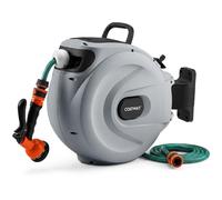 COSTWAY Retractable Hose Reel, 8 in 1 Nozzle Wall Mounted Garden Hose with 15+1M/20+2M/30+2M Pipe, Hose Locking Mechanism, 180°Swivel & Auto Rewind Design (Grey, 15+1M Pipe, 38 x 20 x 37cm)