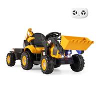COSTWAY Ride on Tractor and Trailer, 12V Electric Construction Toy Car with Adjustable Seat, Shovel Bucket, Digger, LED Lights & Music, for Children Ages 3+ (Yellow)