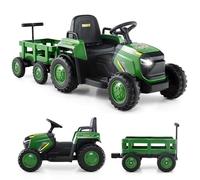 COSTWAY Ride on Tractor with Trailer, 12V Electric Kids Toy Car with Remote Control, Horn, Music, USB, LED Headlights, Dual Motors Battery Powered Ride on Toys for 3-8 Years Old (Dark Green)