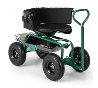 COSTWAY Rolling Garden Cart, Height Adjustable Swivel Gardening Stool Trolley with Tool Tray & Basket, Gardener Planting Workseat Scooterfor Patio Lawn Yard (90x61x60-70cm,with Handle&Cushion,Green)