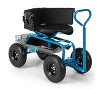 COSTWAY Rolling Garden Cart, Height Adjustable Swivel Gardening Stool Trolley with Tool Tray & Basket, Gardener Planting Workseat Scooterfor Patio Lawn Yard (90x61x60-70cm,with Handle&Cushion,Blue)