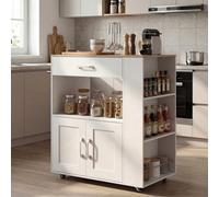 Costway Rolling Kitchen Island Mobile Kitchen Cart With Cabinet & Spice Racks-White & Natural