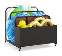 COSTWAY Rolling Poolside Float Storage, PE Rattan Pool Float Caddy Basket with 2 Towel Rack and Wheels, Mobile Outdoor Storage Bin for Floaties, Cushions, Life Vests, Beach Balls (Brown)