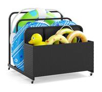 COSTWAY Rolling Poolside Float Storage, PE Rattan Pool Float Caddy Basket with 2 Towel Rack and Wheels, Mobile Outdoor Storage Bin for Floaties, Cushions, Life Vests, Beach Balls (Black)