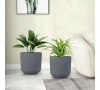 Costway Round Plastic Planters Set Of 2 32 Cm Striped Flower Pots-Grey
