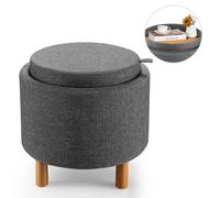 Costway Round Storage Ottoman W/ Tray Accent Fabric Storing Footrest W/ Non-Slip Pads