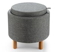 Costway Round Storage Ottoman w/ Tray Accent Fabric Storing Footrest w/ Non-Slip Pads in Grey COSTWAY Grey
