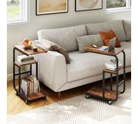Costway Set Of 2 C-Shaped Side Table Mobile Sofa Table W/ Shelves-Brown