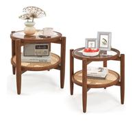Costway Set Of 2 Double Tier Side Table Round Coffee Table W/ Tempered Glass Tabletop