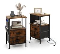 Costway Set Of 2 End Table Nightstand With Charging Station Industrial Bedside Table W/ 2 Drawers