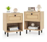 Costway Set Of 2 Rattan Side Table Boho Style Bedside Table With Drawer & Open Storage Shelf-Natural