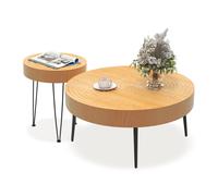 Costway Set of 2 Round Nesting Coffee Table Solid Wood Accent Stacking Boho Side Tables in Natural COSTWAY Natural