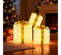 Costway Set of 3 Christmas Lighted Gift Boxes Pre-Lit Tinsel Present Boxes in Yellow COSTWAY Yellow