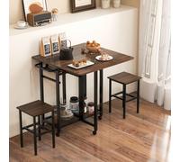 Costway Set of 3 Dining Table Set Extendable Kitchen Table 2 Stools w/ Wine Rack in Brown COSTWAY Brown