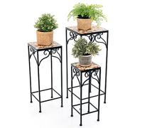 COSTWAY Set of 3 Metal Plant Stand, Square Nesting Flower Pot Holder with Mosaic Tile Top & Anti-slip Foot Pads, Indoor Outdoor Coffee Table Display Rack for Home Garden Patio Balcony (Yellow)